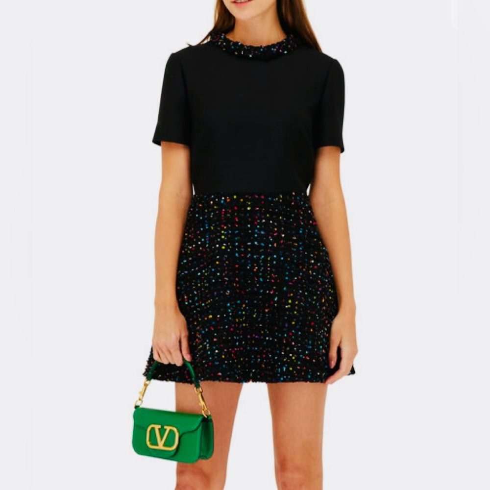 Valentino Black Short-Sleeve Dress with Multicolor Tweed Skirt